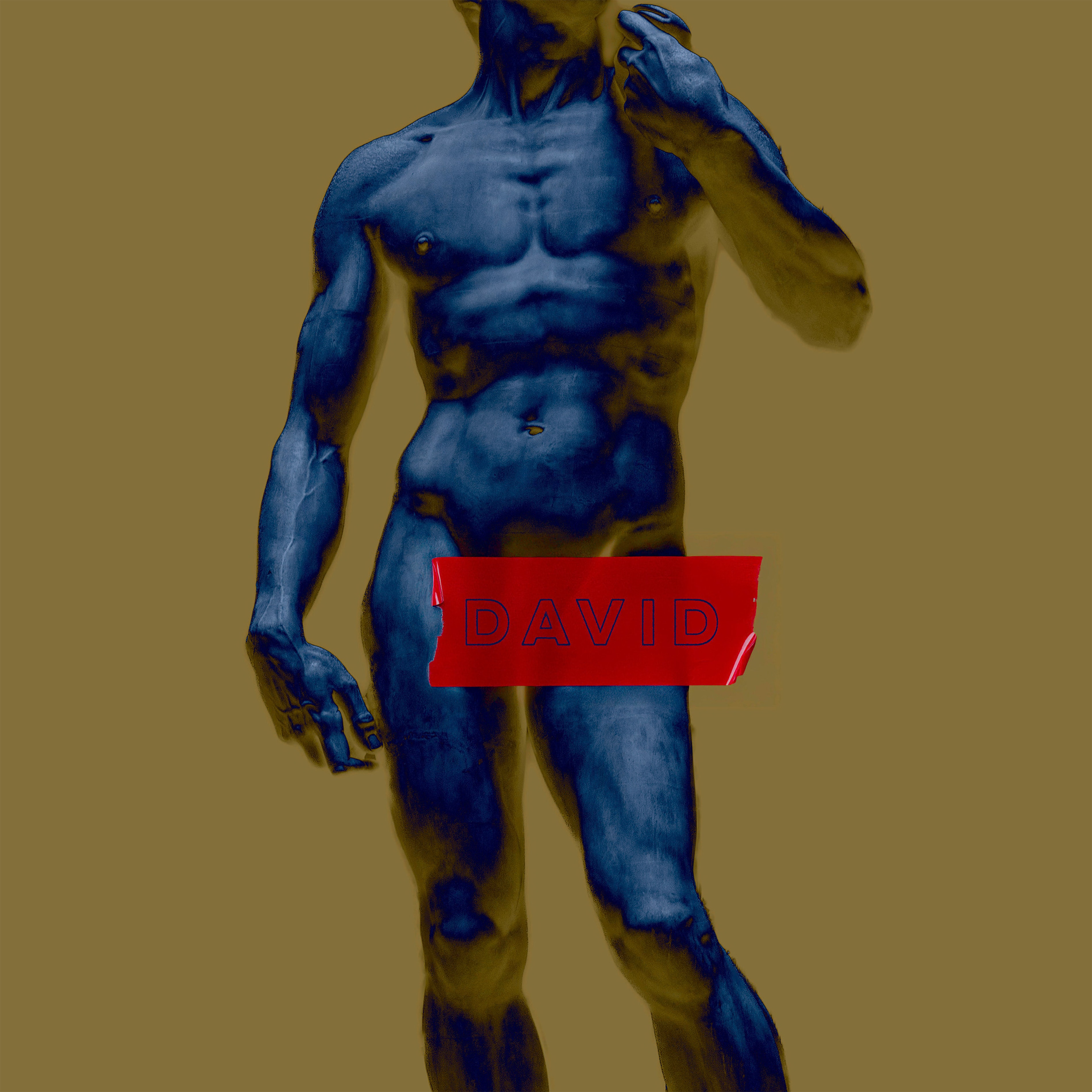 Picture of cast of David at Victoria & Albert Museum in London. Censored with red electrical tape that says "DAVID". 