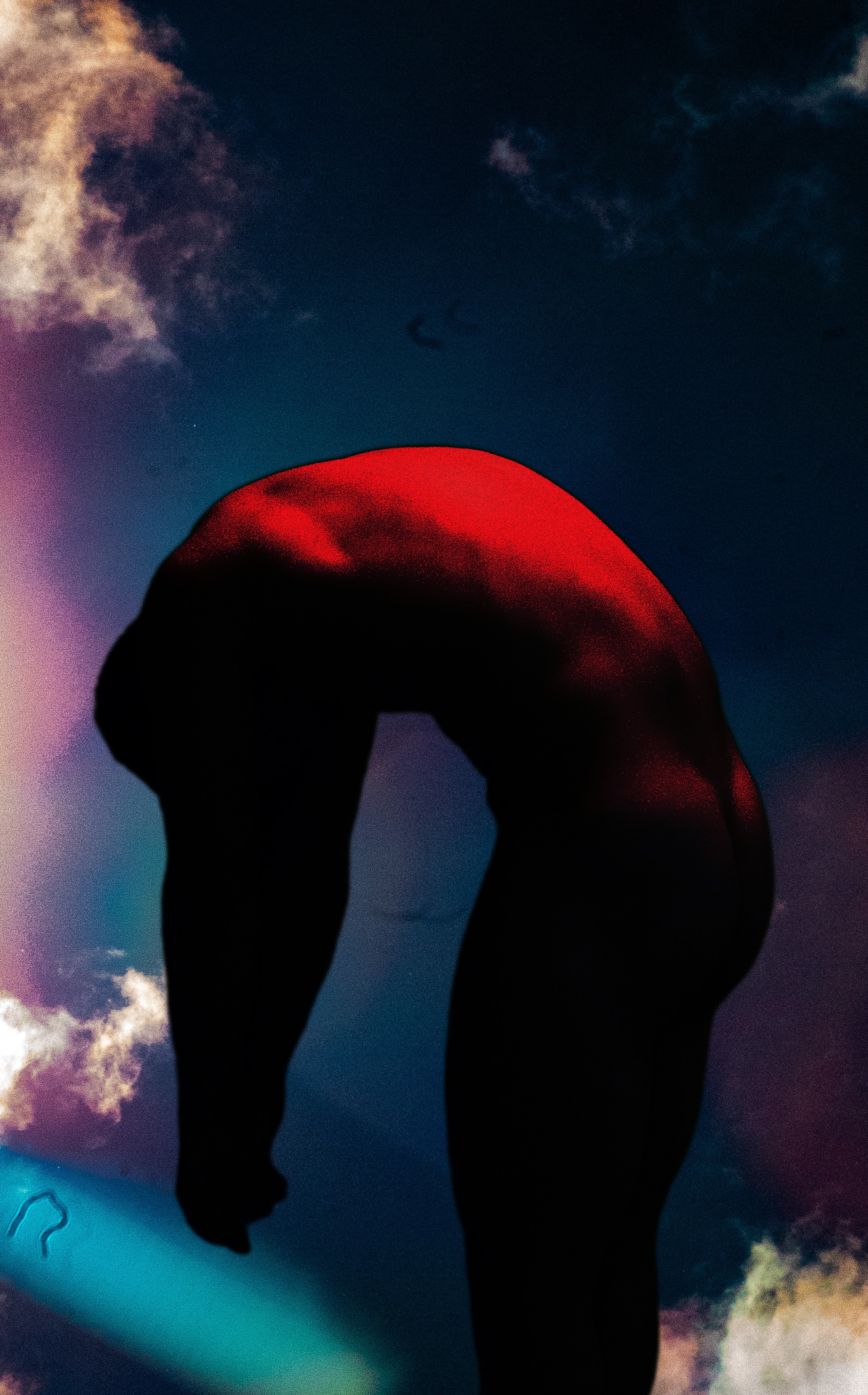 Red and black abstract human form bent over and viewed profile, with a colorful atmospheric background. 